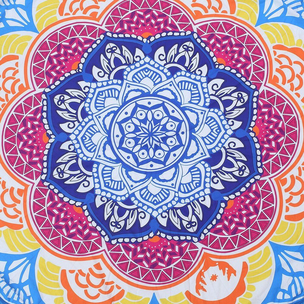 147*147CM  Round Beach Towel Tapestry Tassel Decor With Balls Circular Tablecloth Yoga Picnic Lotus Floral Mat Blue Pink Yellow