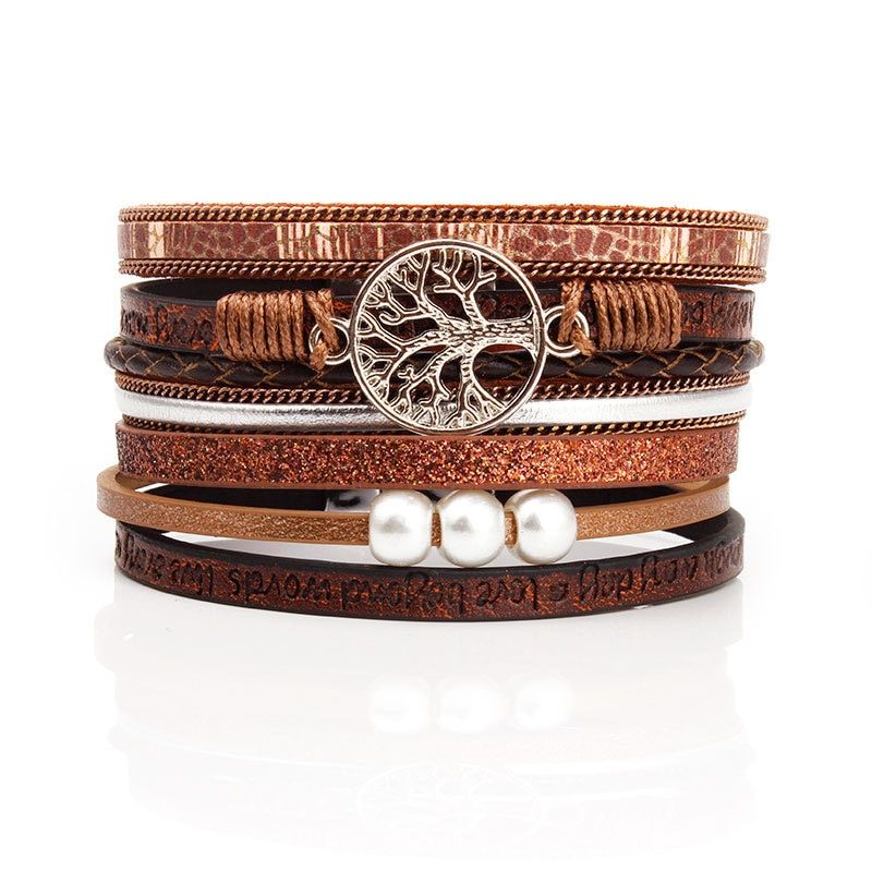 KMVEXO Summer Leather Bracelet Charm Pearls Bracelets&Bangles Magnet Buckle Life of Trees Bohemian Bracelets for Women Manchette