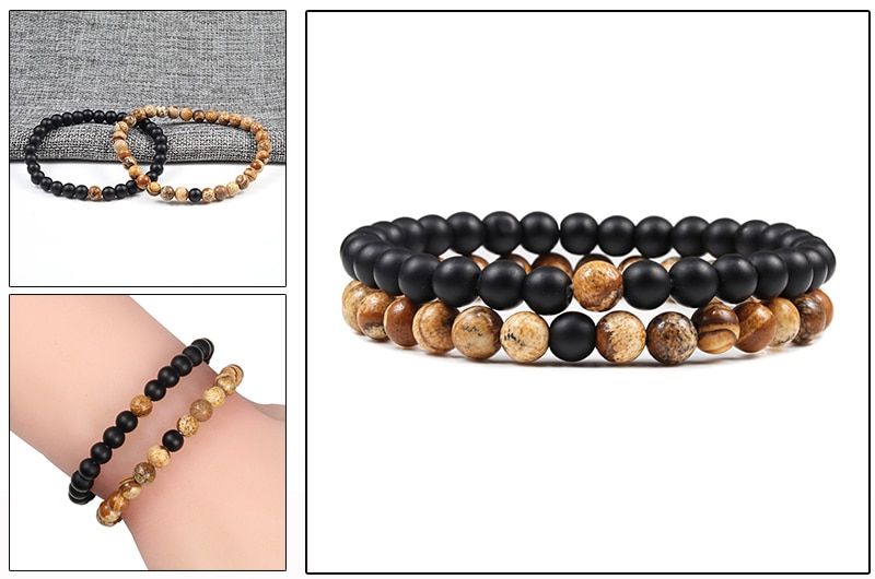 Hot 2pcs/Set Tiger Eye Black Lava Natural Stone Beaded Bracelets Couples Distance Bracelet Energy Elastic Rope Malachite Jewelry