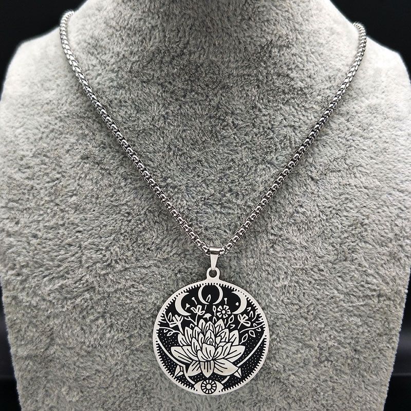 2021 Wicca Lotus Stainless Steel Chain Necklace Women Black Silver Color Necklaces Jewelry joyeria de acero inoxidable N734S01
