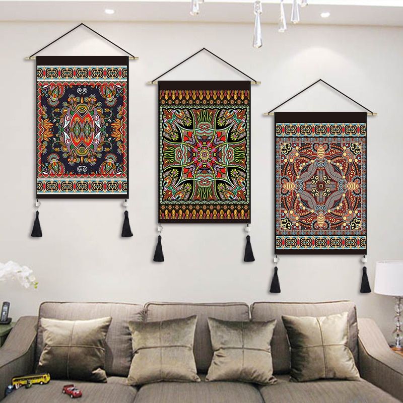 Wall Hanging Tapestry with Tassels Muslim Style Printed Pictures Wall Art Pictures For Bedroom Mandala Decorative Tapestries