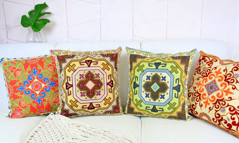 Ethnic Floral Embroidery Cushion Cover Aztec Colorful Pillow Case with Embroidered For Sofa Seat Home Decorative 45x45cm Square