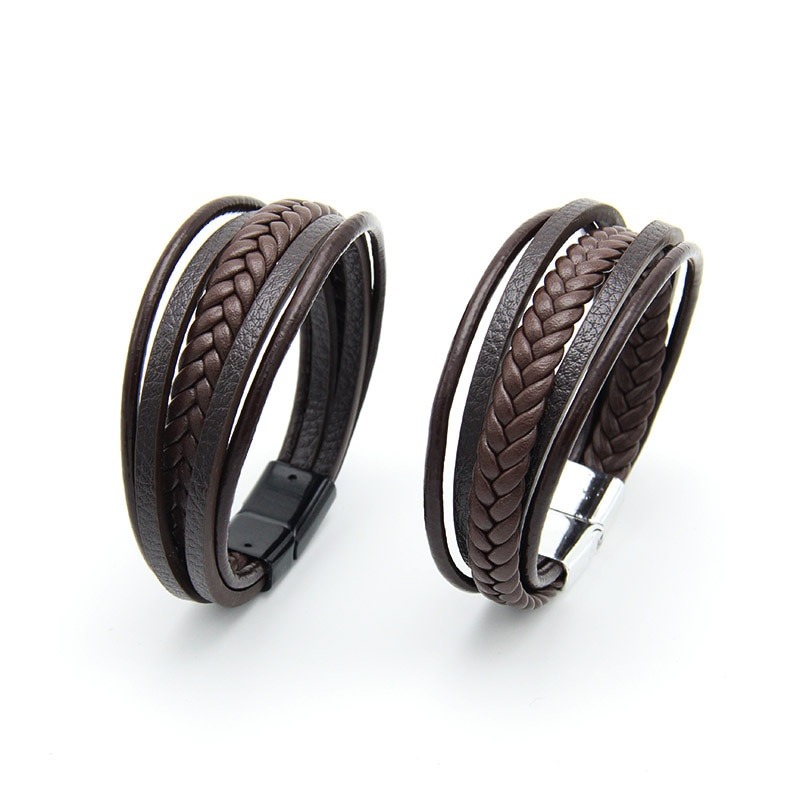 Men's Magnetic Leather Bracelet - Button Men's Multilayer Wrap Woven Leather Bracelet
