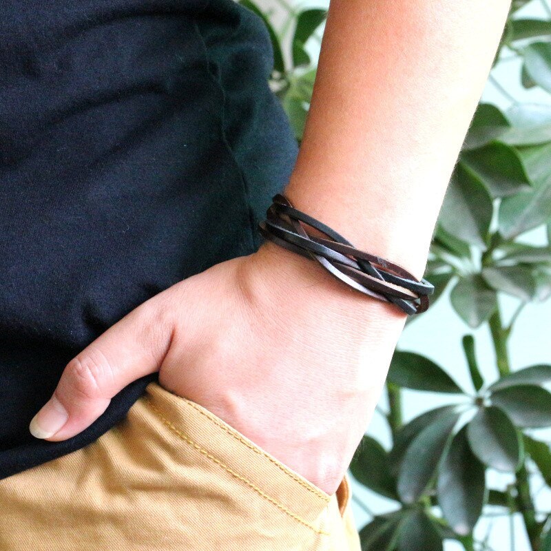 Men's Magnetic Leather Bracelet - Button Men's Multilayer Wrap Woven Leather Bracelet