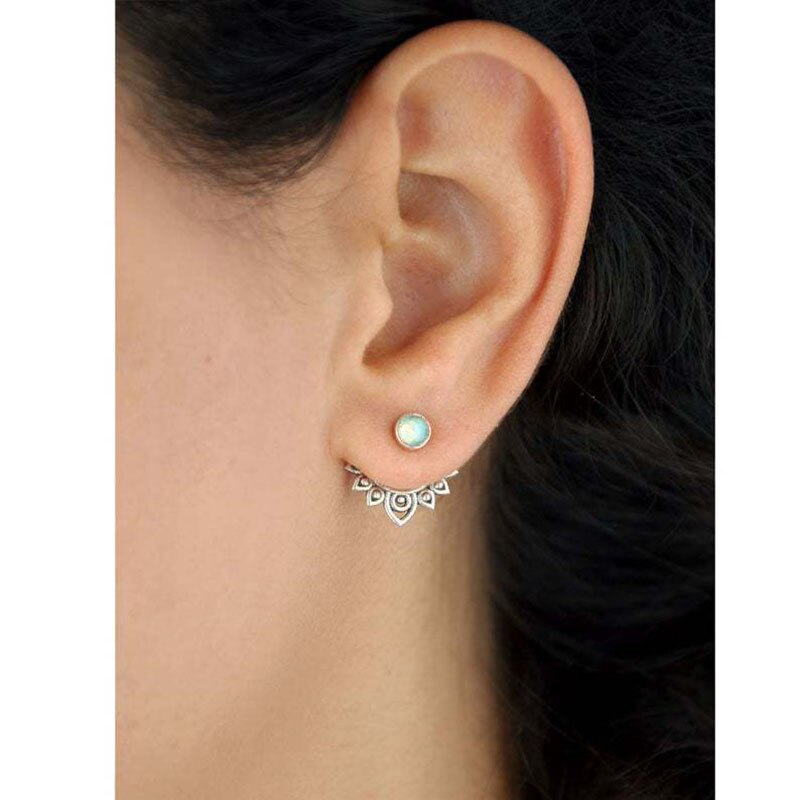 Bohemian Openwork Metal Lotus Opal Stud Earrings Vintage Jewelry Antique Silver Color Detachable Joint Earrings Mujer