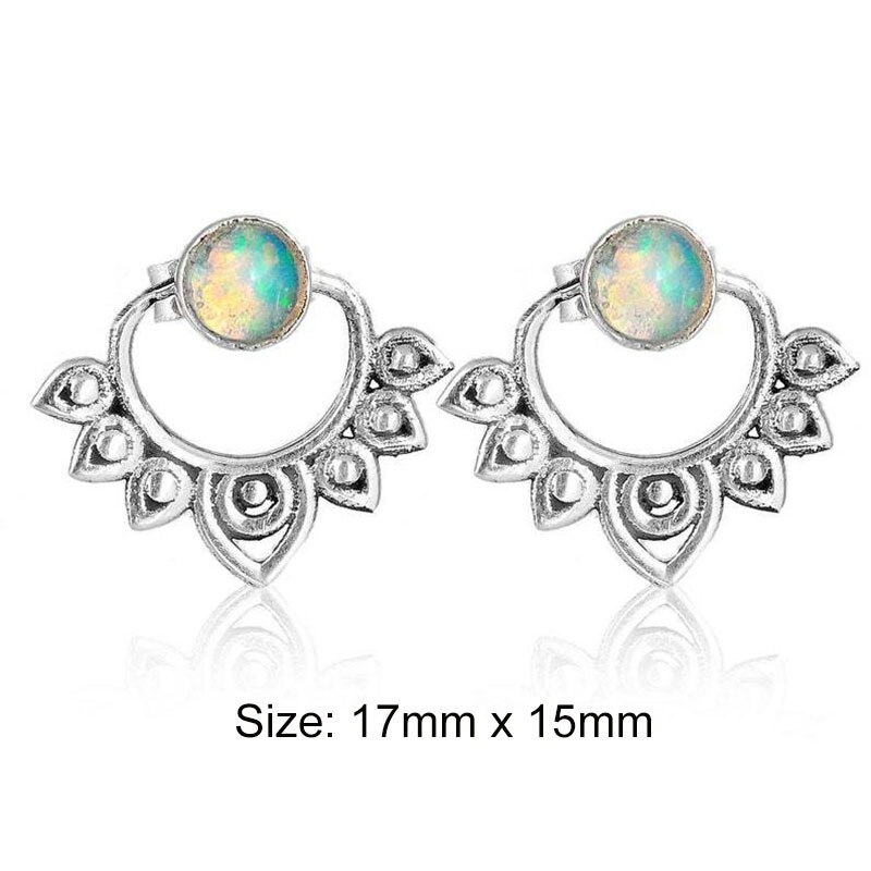 Bohemian Openwork Metal Lotus Opal Stud Earrings Vintage Jewelry Antique Silver Color Detachable Joint Earrings Mujer
