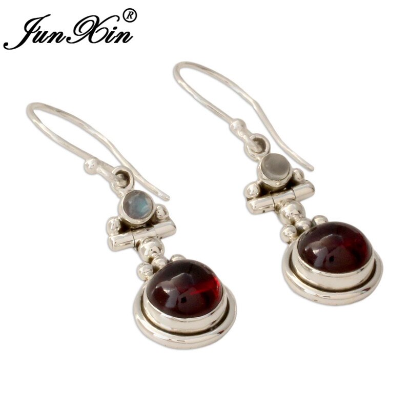 JUNXIN Antique Style Geometry Moonstone Drop Earrings For Women Boho Round Red Blue Opal Earrings Female Zircon Wedding Jewelry