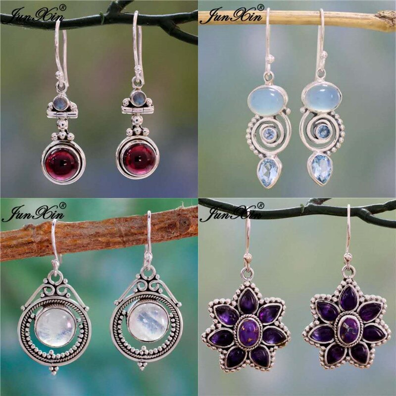 JUNXIN Antique Style Geometry Moonstone Drop Earrings For Women Boho Round Red Blue Opal Earrings Female Zircon Wedding Jewelry