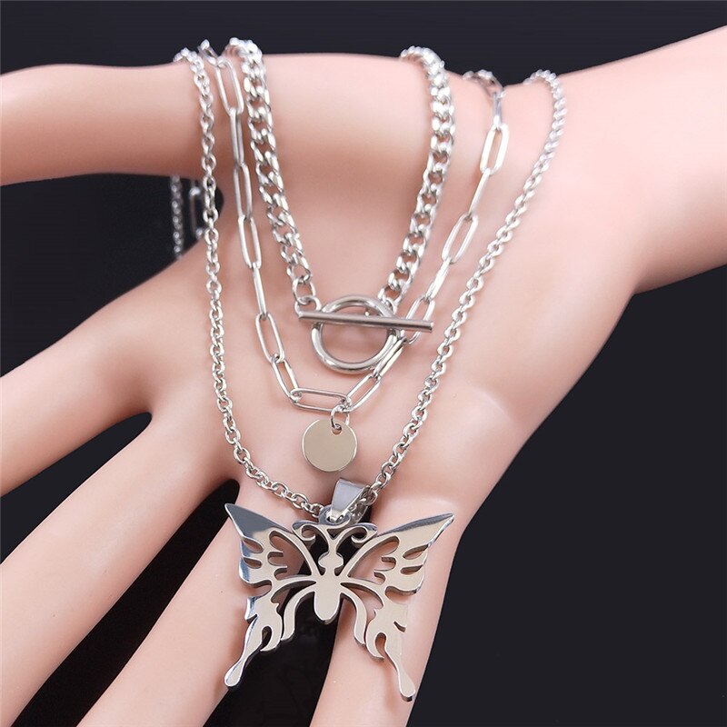 3PCS Hip Hop Butterfly Stainless Steel Chain Necklace for Women Silver Color Layer Necklace Charms Jewelry cadena NXS03