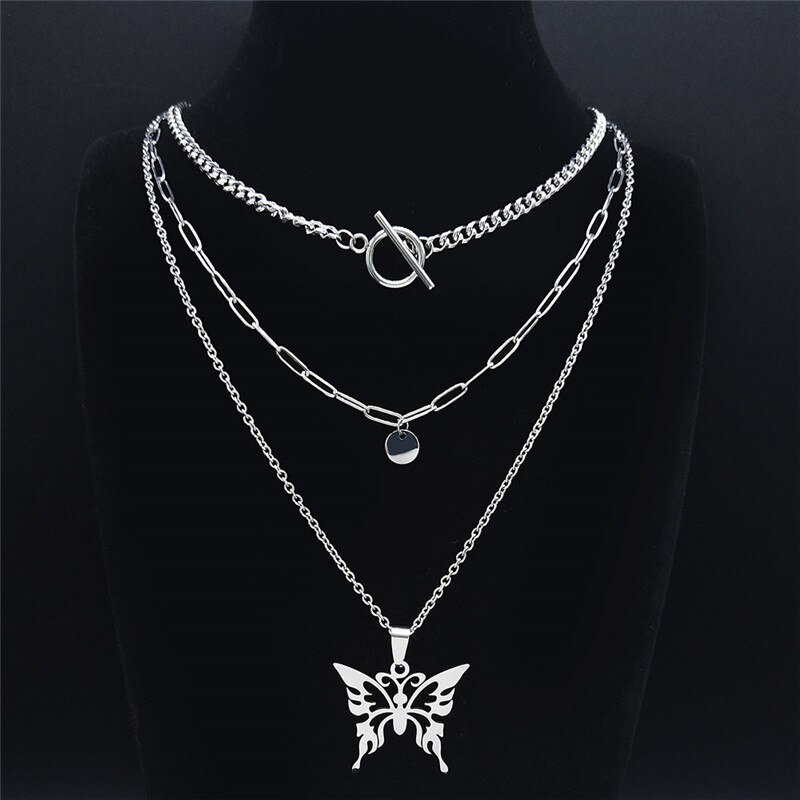 Layered Stainless Steel Butterfly Necklace - OMwares.com - FREE ...