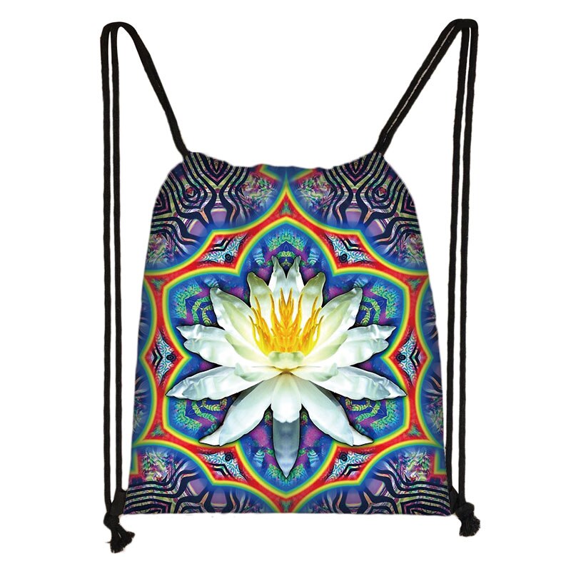 Hamsa Fatima Hand / Mandala / Buddha Lotus Flower Drawstring Bag Women Storage Bag Ladies Shopping Bags Female Travel Backpack