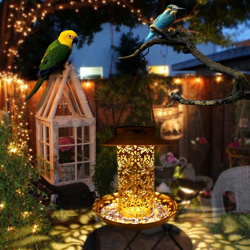 Solar Energy Bird Feeder Waterproof Solar Light Wild Hanging Bronze Metal Tray Solar Lantern for Outdoors Garden Tree Decoration