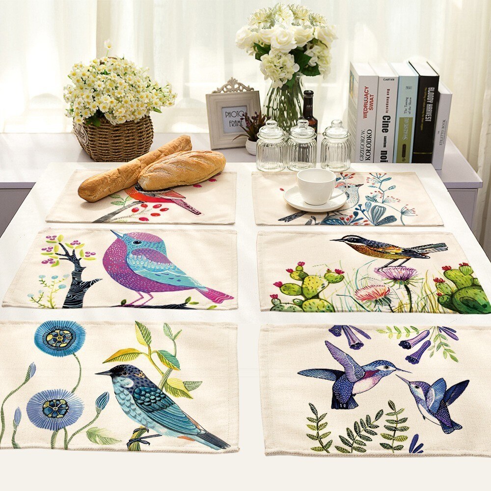 42x32cm The Painting Bird Flower Placemats Cotton Linen Feather Dreamcatcher Printed Square Pattern Decorative Table Mats