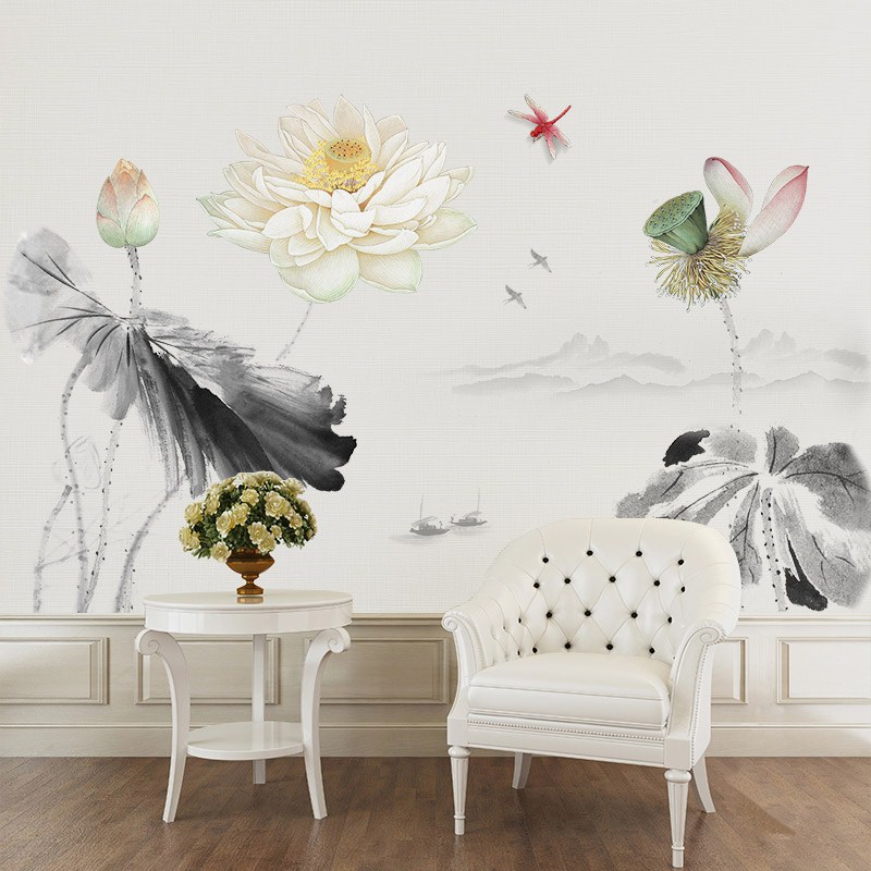 Chinese style Ink lotus Wall Sticker Home  Sofa/TV Background beautify Decoration Living room Mural poster stickers art Decals