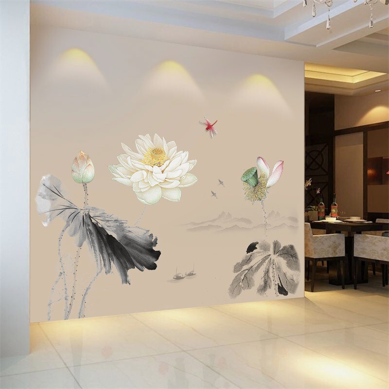 Chinese style Ink lotus Wall Sticker Home  Sofa/TV Background beautify Decoration Living room Mural poster stickers art Decals