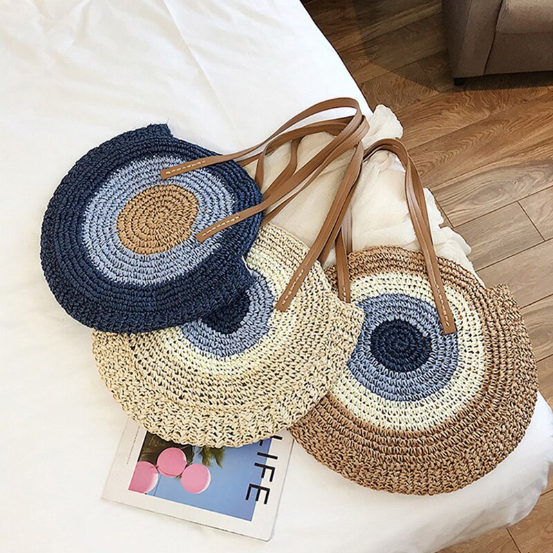 2022 Large Capacity Round Zipper Fashionable Straw Woven Bag Handmade Summer Beach Travel Holiday Women Bags