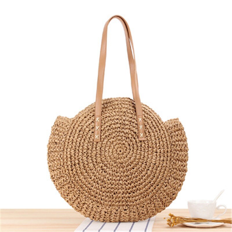 2022 Large Capacity Round Zipper Fashionable Straw Woven Bag Handmade Summer Beach Travel Holiday Women Bags