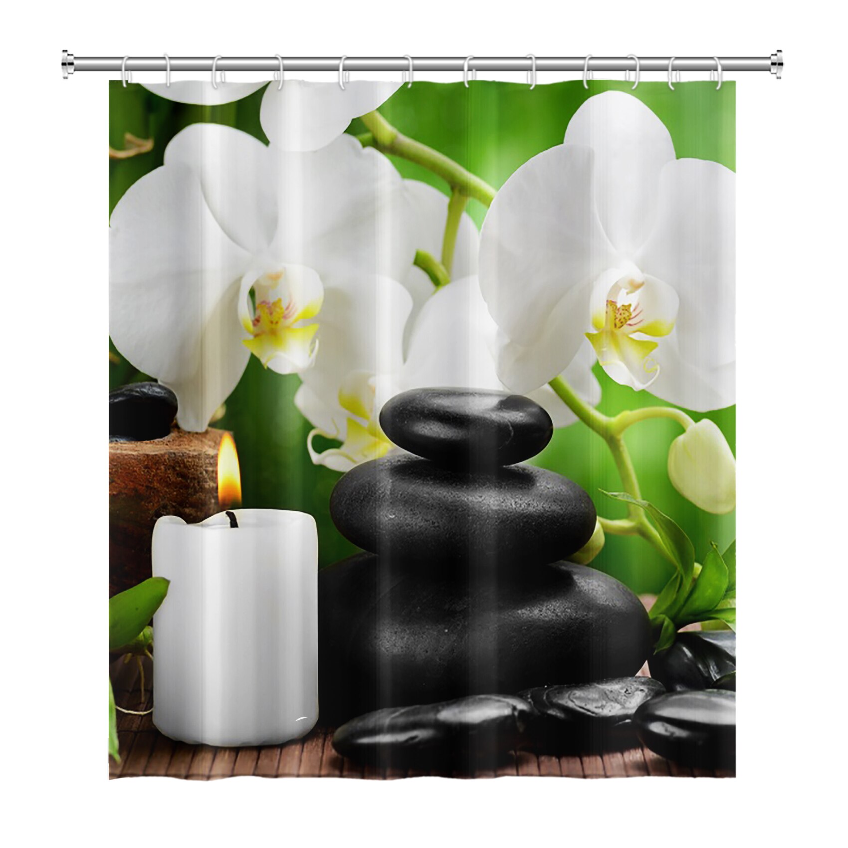 Zen Spa Lotus Shower Curtain Basalt Stones Herbal Oil Scent Candles Bamboo Water Japanese Meditation Home Decor Waterproof Set