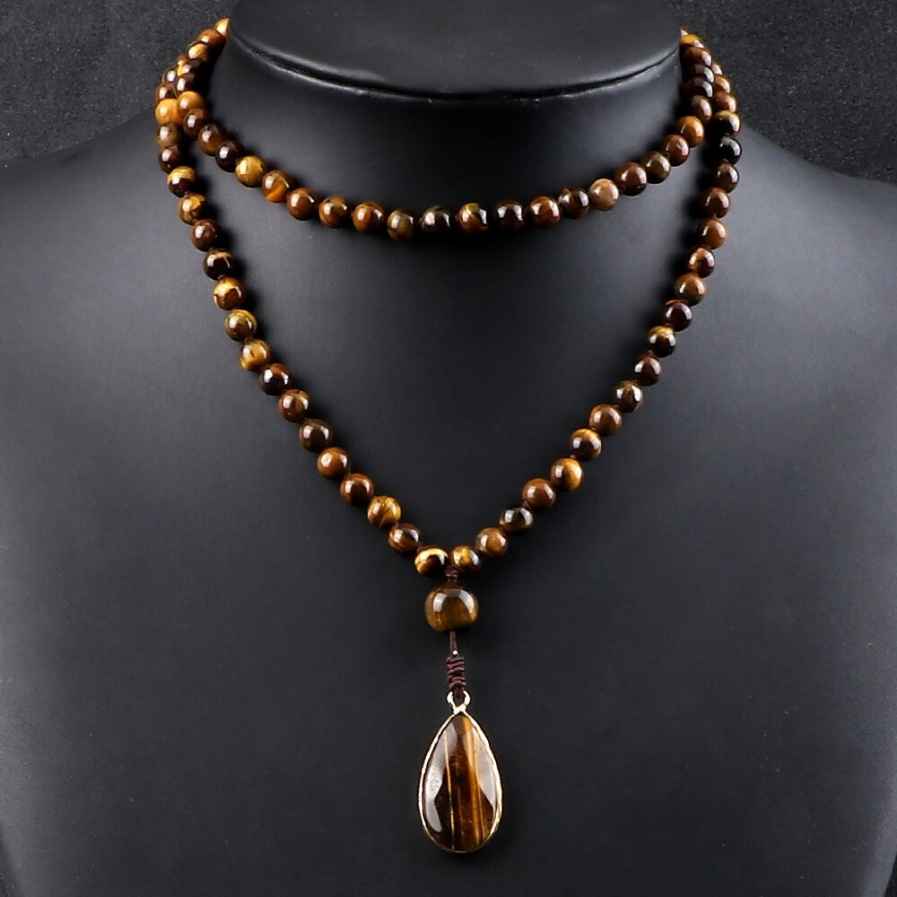Vintage Design Tiger Eye Stone Necklace Handmade Knotted 6mm 108 Mala Beads Necklaces Drop Pendant Women Men Yoga Jewellery Gifts boho australia