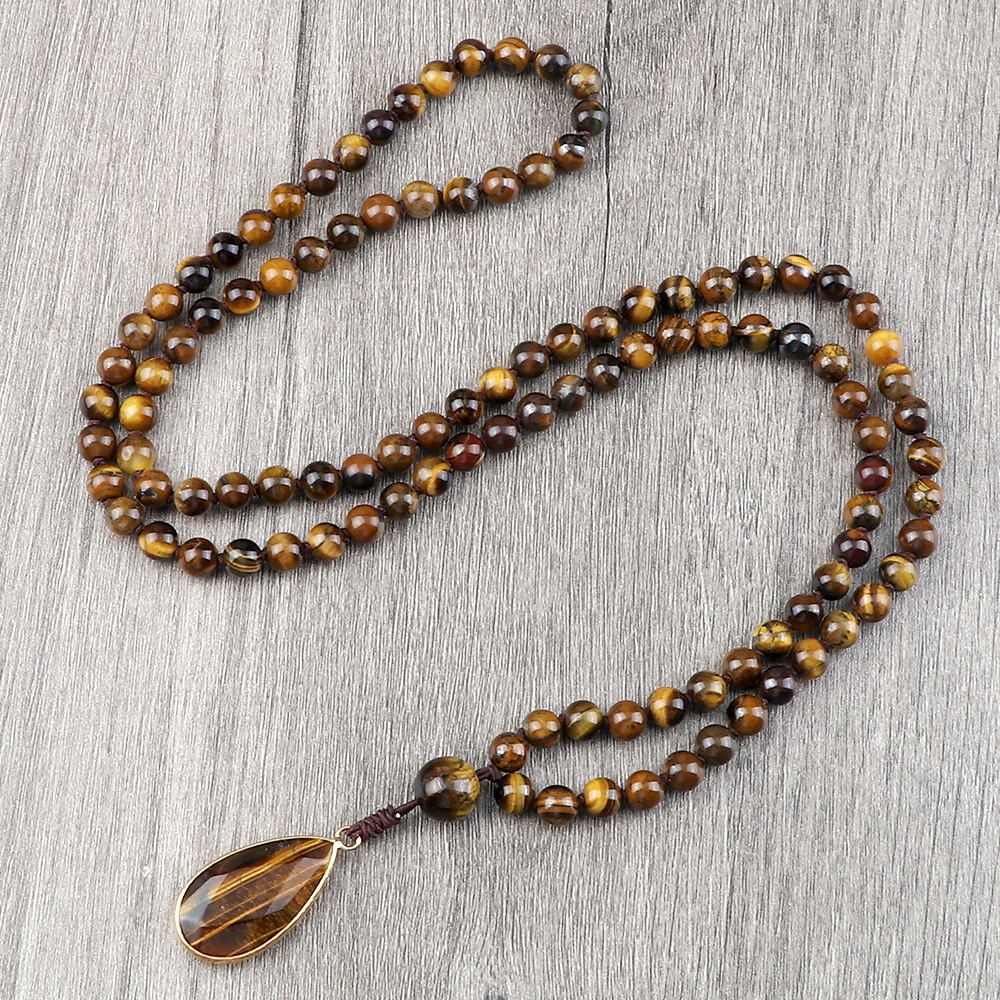 Vintage Design Tiger Eye Stone Necklace Handmade Knotted 6mm 108 Mala Beads Necklaces Drop Pendant Women Men Yoga Jewelry Gifts